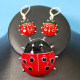 Ladybug Enameled Earrings & Pendant/Pin Set
