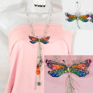 Rainbow Enameled Dragonfly Necklace and Earring Set